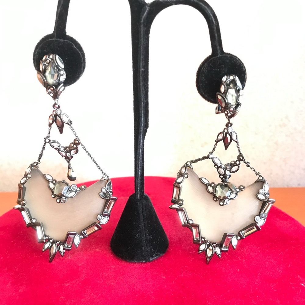 Alexis Bittar Taupe Lucite Clip On Chandelier Earrings with crystals. - Picture 4 of 9